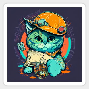 Catswithhardhats A curious and playful cat wearing a hard hat and holding a blueprint Sticker